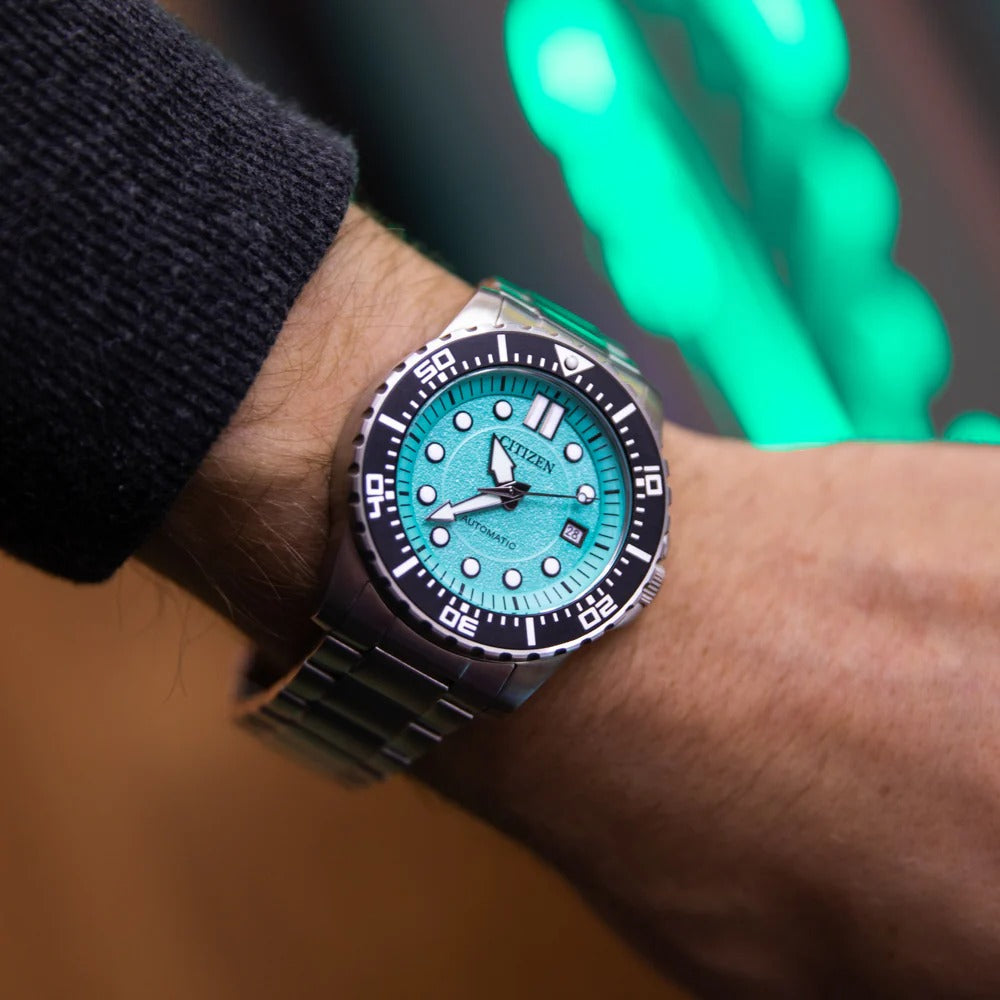 Citizen Mechanical Automatic Turquoise Dial Silver Steel Strap Watch for Men - NJ0170-83X