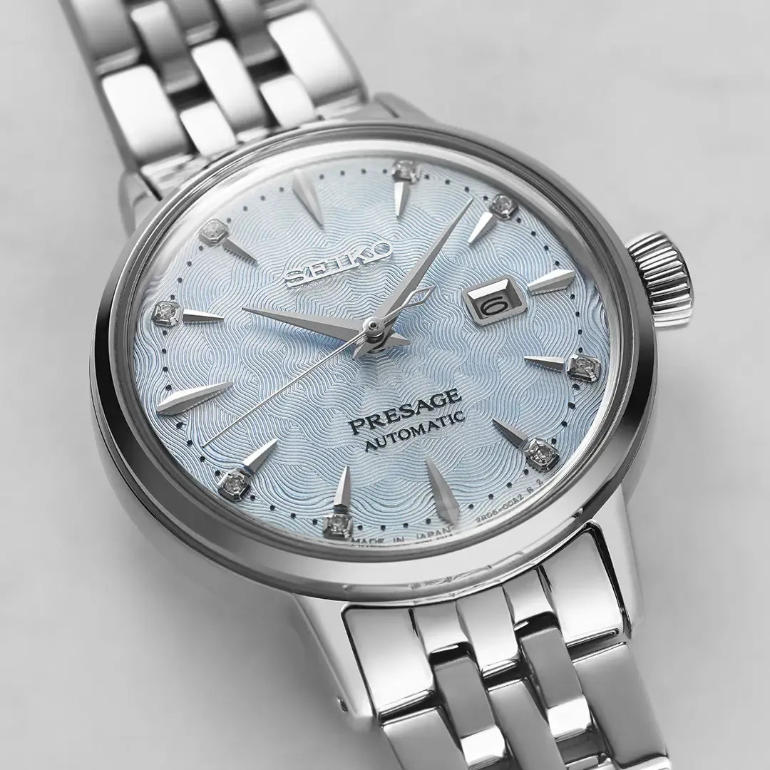 Seiko Presage Cocktail Time Automatic Skydiving Diamonds Blue Dial Silver Steel Strap Watch for Women - SRE007J1
