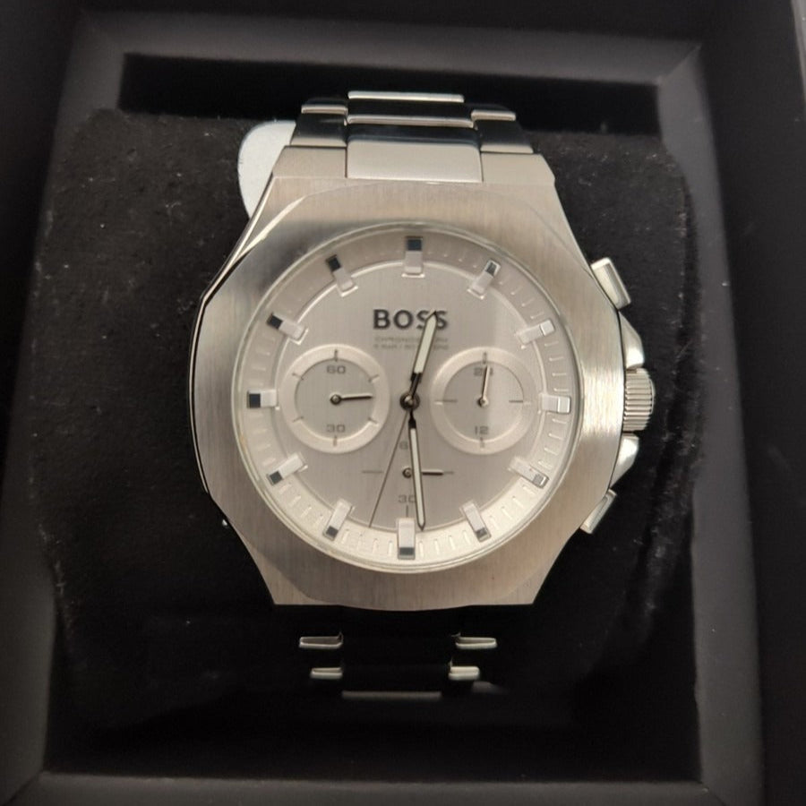  Shop Authentic Hugo Boss Taper Chronograph White Dial Silver Steel Strap Watch for Men - 1514087 - Luxxuri