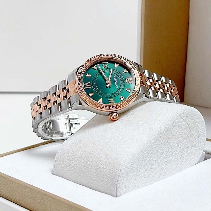 Shop Authentic Versace Hellenyium Quartz Green Dial Two Tone Steel Strap Watch for Women - VE2S00422 - Luxxuri