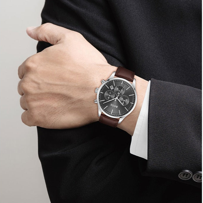  Shop Authentic Hugo Boss Avery Chronograph Grey Dial Brown Leather Strap Watch for Men - 1514155 - Luxxuri