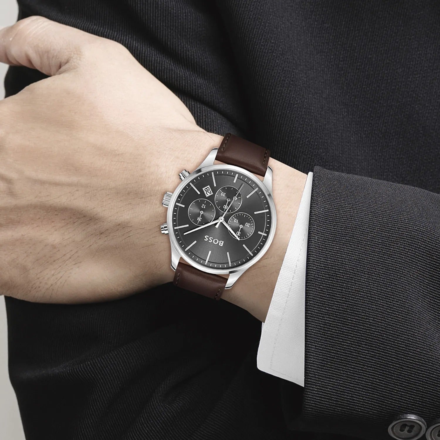  Shop Authentic Hugo Boss Avery Chronograph Grey Dial Brown Leather Strap Watch for Men - 1514155 - Luxxuri