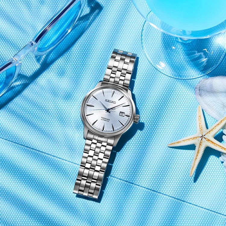 Seiko Presage Cocktail Time Automatic Ice Blue Dial Silver Steel Strap Watch for Men - SRPE19J1