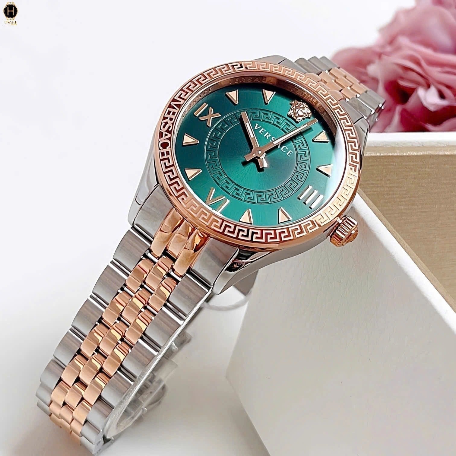  Shop Authentic Versace Hellenyium Quartz Green Dial Two Tone Steel Strap Watch for Women - VE2S00422 - Luxxuri
