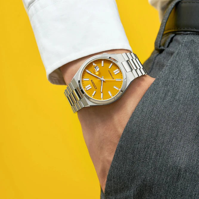 Citizen Tsuyosa Automatic Yellow Dial Silver Steel Strap Watch for Men - NJ0150-56Z