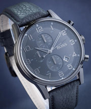  Shop Authentic Hugo Boss Aeroliner Chronograph Black Dial Black Leather Strap Watch for Men - 1512567 - Luxxuri