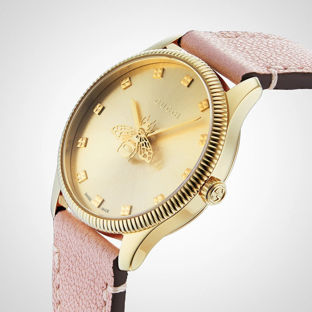 Gucci G Timeless Gold Dial Pink Leather Strap Watch for Women - YA1265041