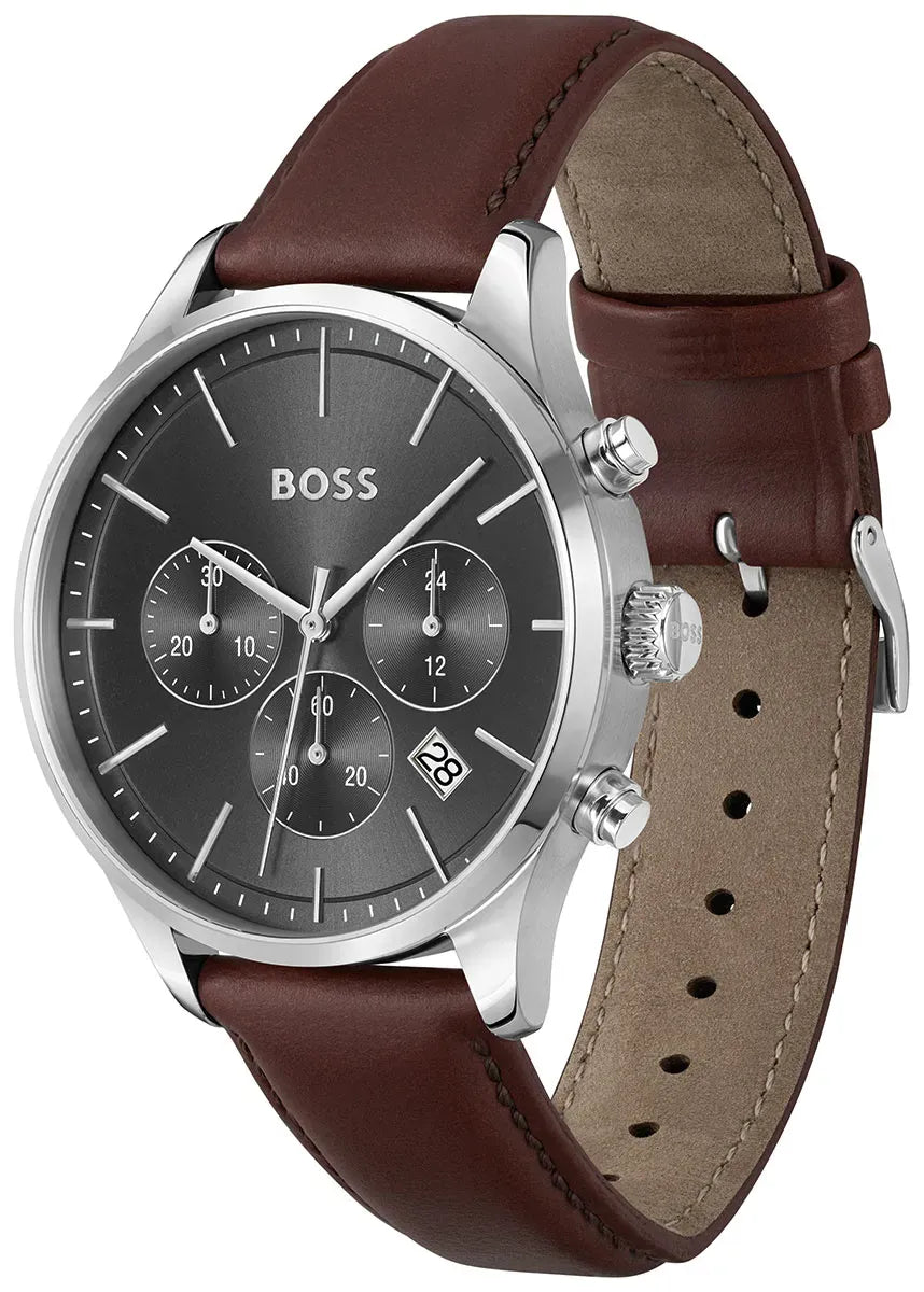  Shop Authentic Hugo Boss Avery Chronograph Grey Dial Brown Leather Strap Watch for Men - 1514155 - Luxxuri
