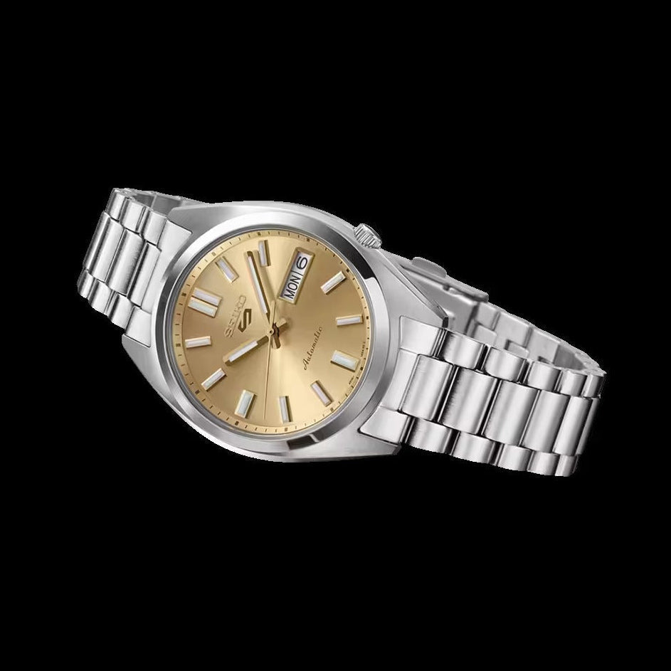 Seiko 5 Sports SNXS Automatic Gold Dial Silver Steel Strap Watch for Men - SRPL59K1