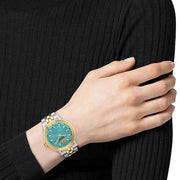  Shop Authentic Versace V-Code Analog Turquoise Dial Two Tone Steel Strap Watch for Women - VE8I00524 - Luxxuri