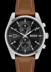 Hugo Boss Skytraveller Chronograph Black Dial Blue Leather Strap Watch for Men - 1514161