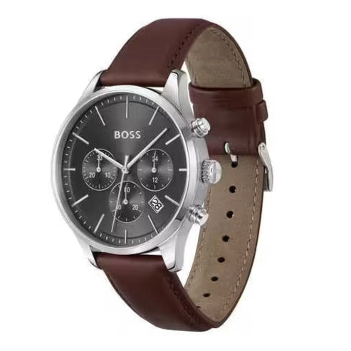  Shop Authentic Hugo Boss Avery Chronograph Grey Dial Brown Leather Strap Watch for Men - 1514155 - Luxxuri