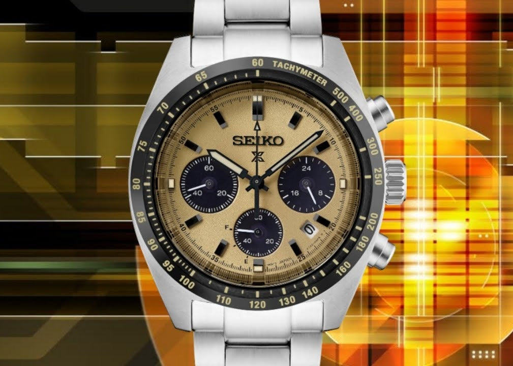 Seiko Prospex Speedtimer Solar Chronograph Gold Dial Silver Steel Strap Watch for Men - SSC817
