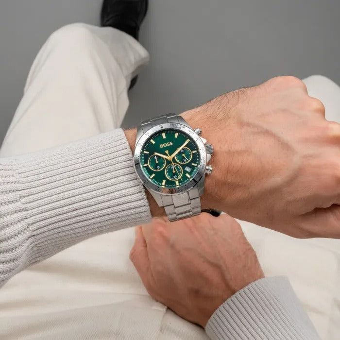  Shop Authentic Hugo Boss Hero Chronograph Green Dial Silver Steel Strap Watch for Men - 1514217 - Luxxuri