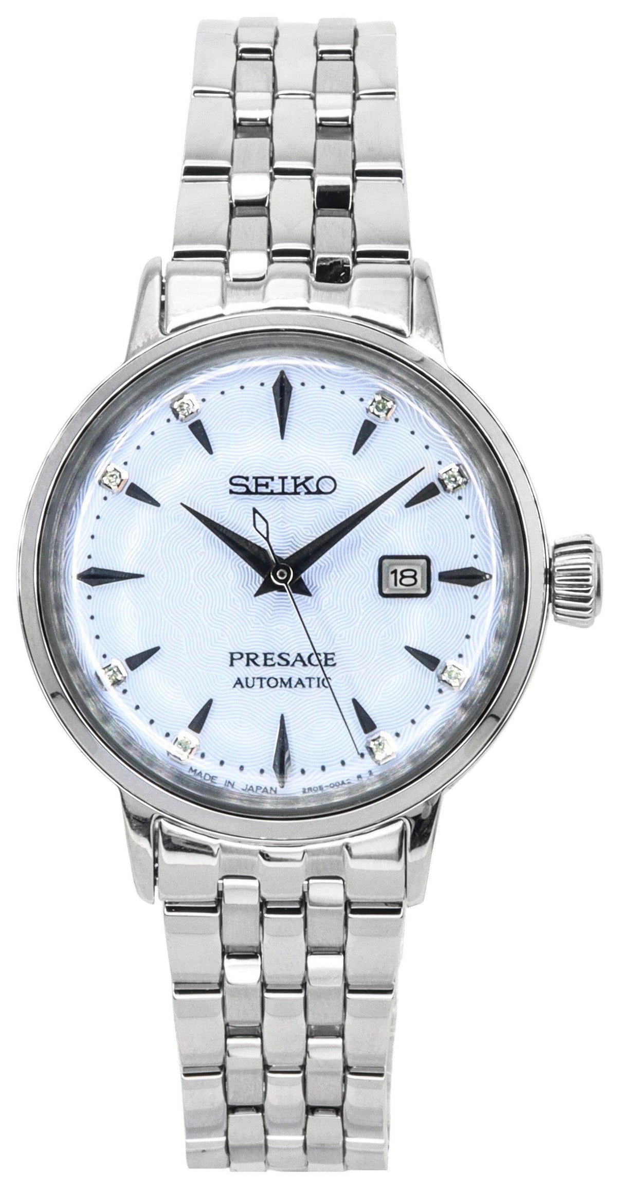 Seiko Presage Cocktail Time Automatic Skydiving Diamonds Blue Dial Silver Steel Strap Watch for Women - SRE007J1