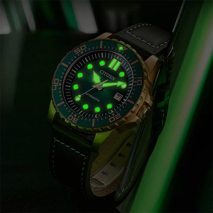 Citizen Mechanical Automatic Green Dial Brown Leather Strap Watch for Men - NJ0173-18X