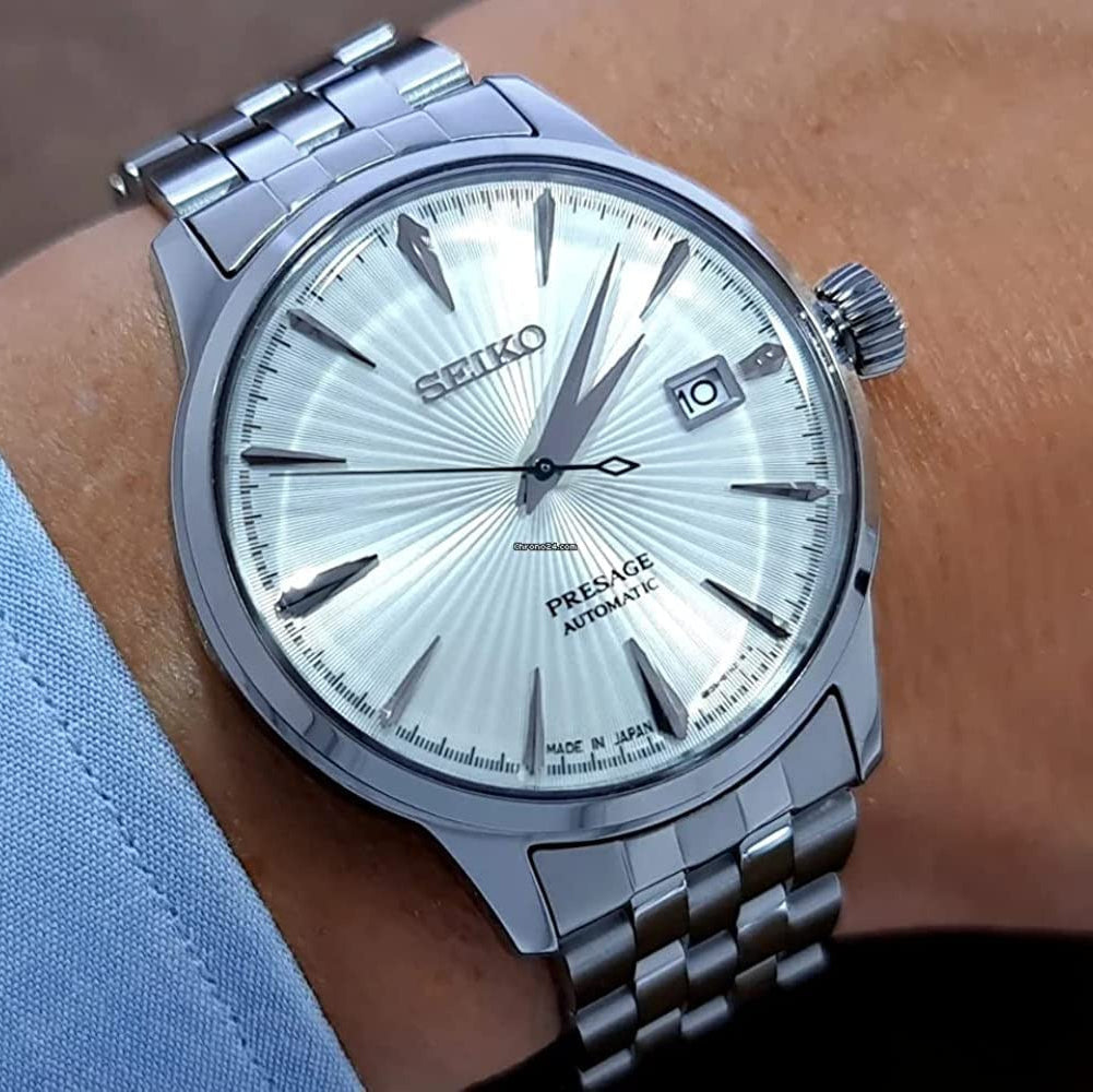 Seiko Presage Cocktail Time Automatic Ice Blue Dial Silver Steel Strap Watch for Men - SRPE19J1