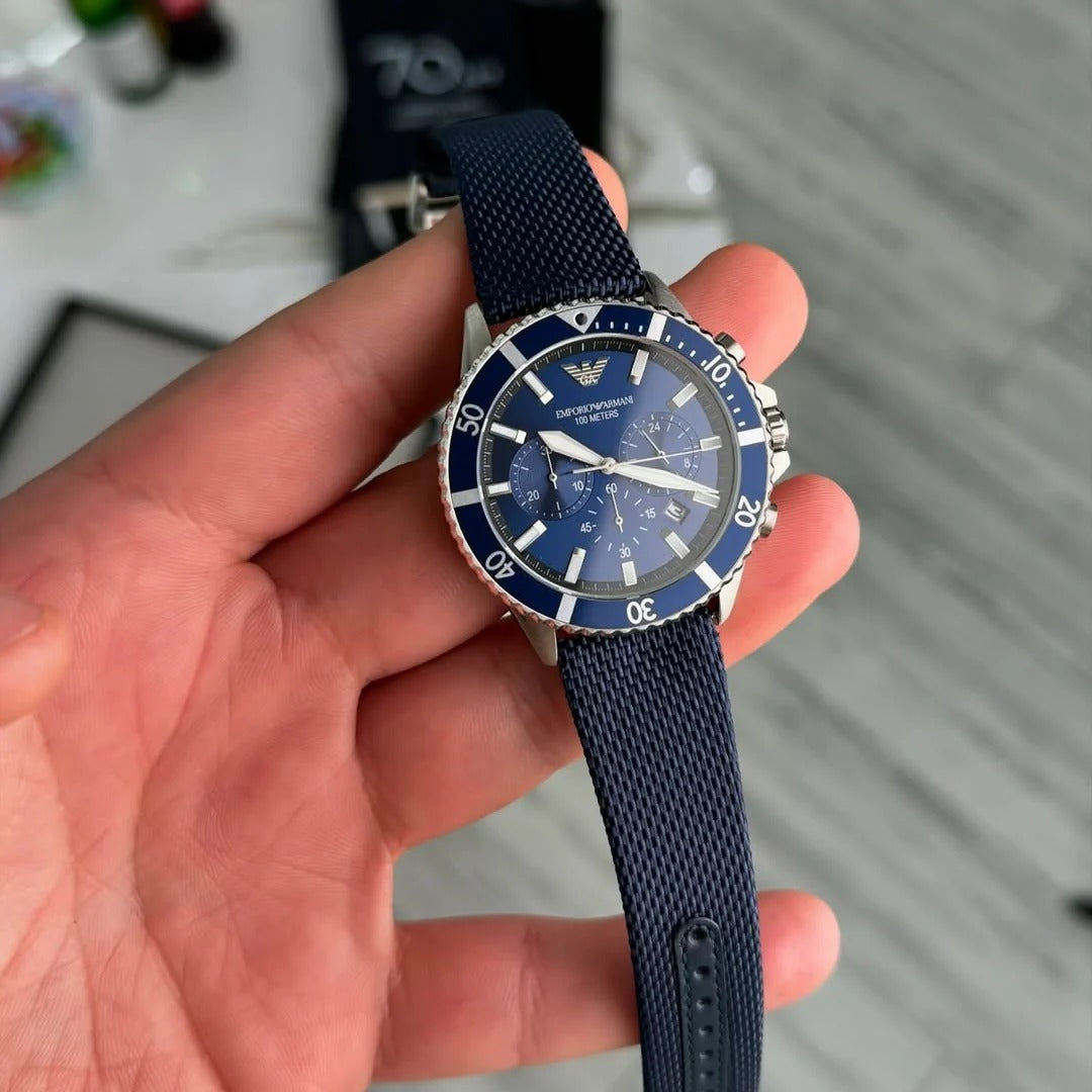 Emporio Armani World Explorer Chronograph Blue Dial Blue Nylon Strap Watch for Men - AR11588