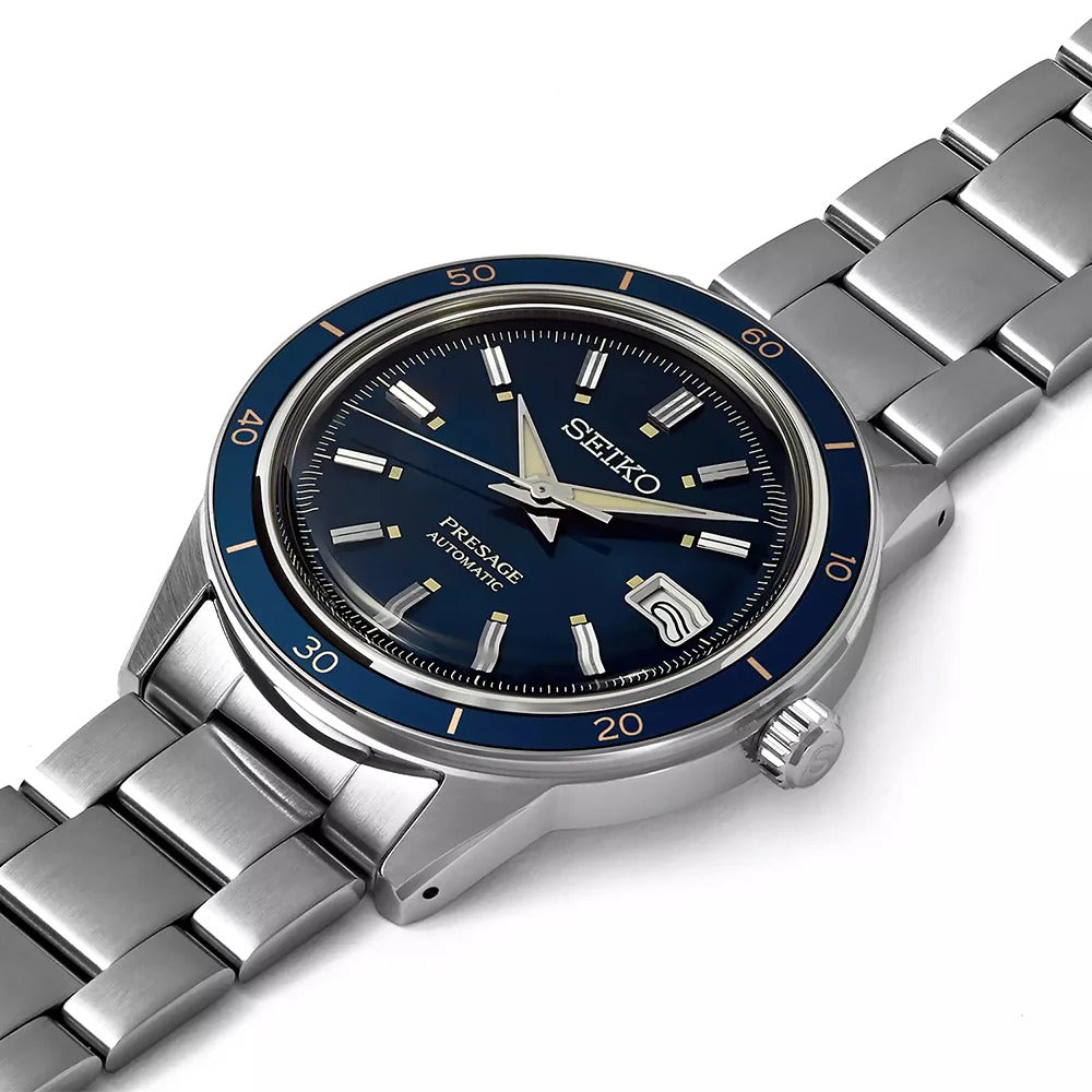 Seiko Presage Style60's Automatic Blue Dial Silver Steel Strap Watch for Men - SRPG05J1