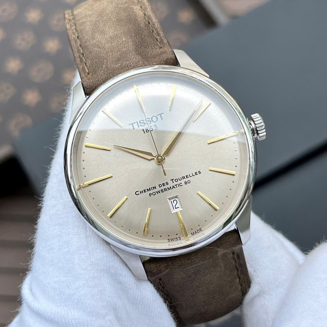 Tissot Chemin des Tourelles Automatic Powermatic 80 Ivory Dial Green Leather Strap Watch for Men - T139.407.16.261.00
