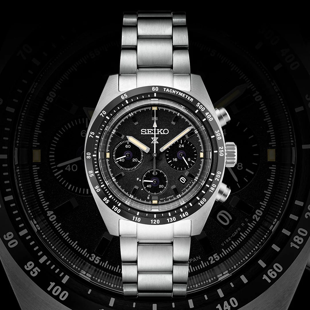 Seiko Prospex Speedtimer Solar Chronograph Black Dial Silver Steel Strap Watch for Men - SSC819