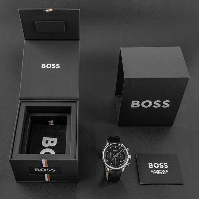  Shop Authentic Hugo Boss Gregor Chronograph Black Dial Black Leather Strap Watch for Men - 1514049 - Luxxuri