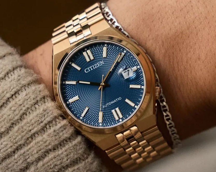 Citizen Tsuyosa 60 Automatic Blue Dial Rose Gold Steel Strap Watch for Men - NK0023-57L