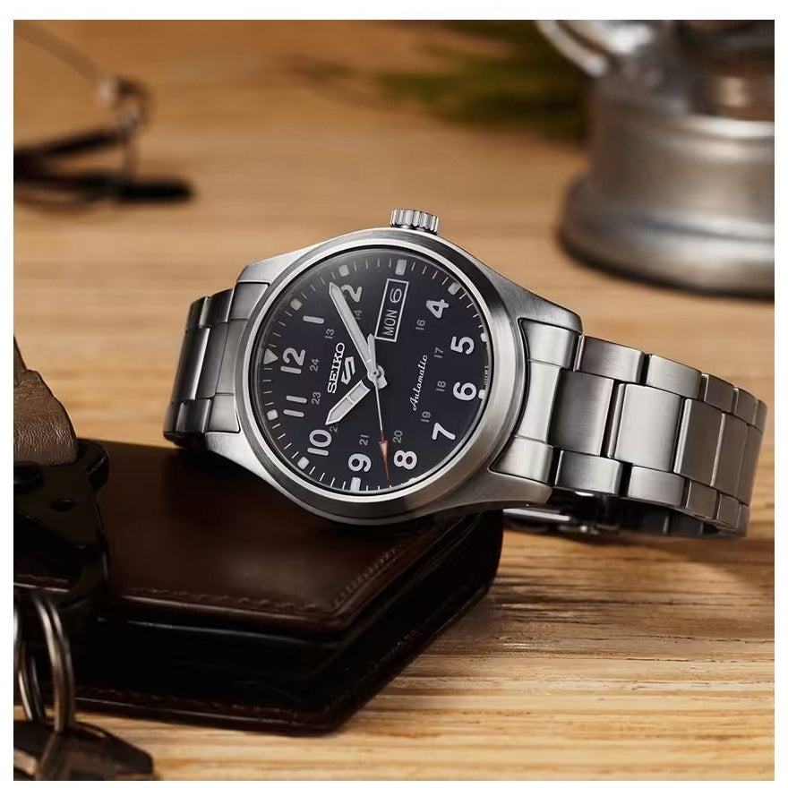 Seiko 5 Sports Flieger Automatic Black Dial Silver Steel Strap Watch for Men - SRPH27K1