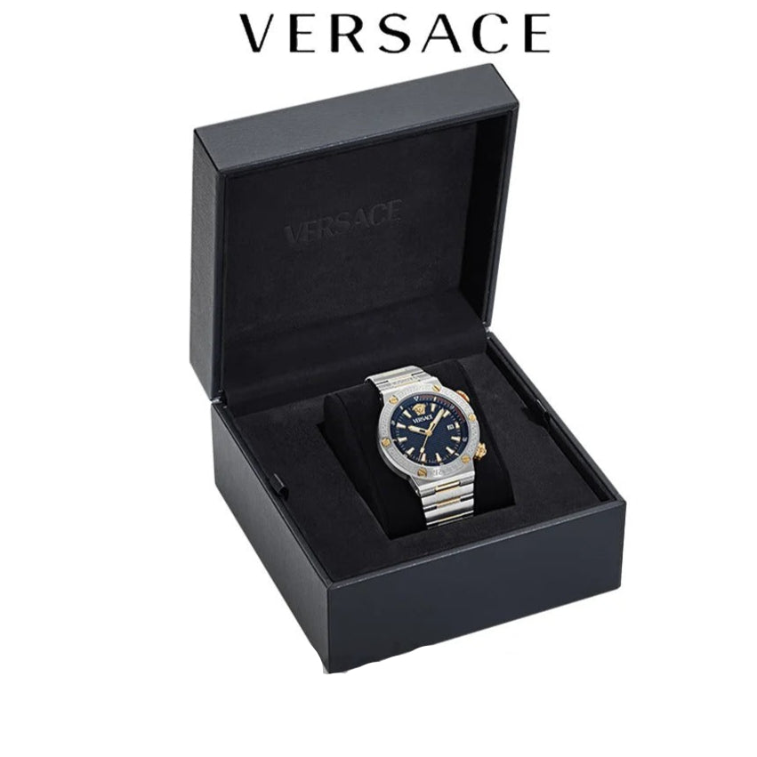  Shop Authentic Versace Greca Logo Diver Quartz Black Dial Two Tone Steel Strap Watch for Men - VE8G00424 - Luxxuri