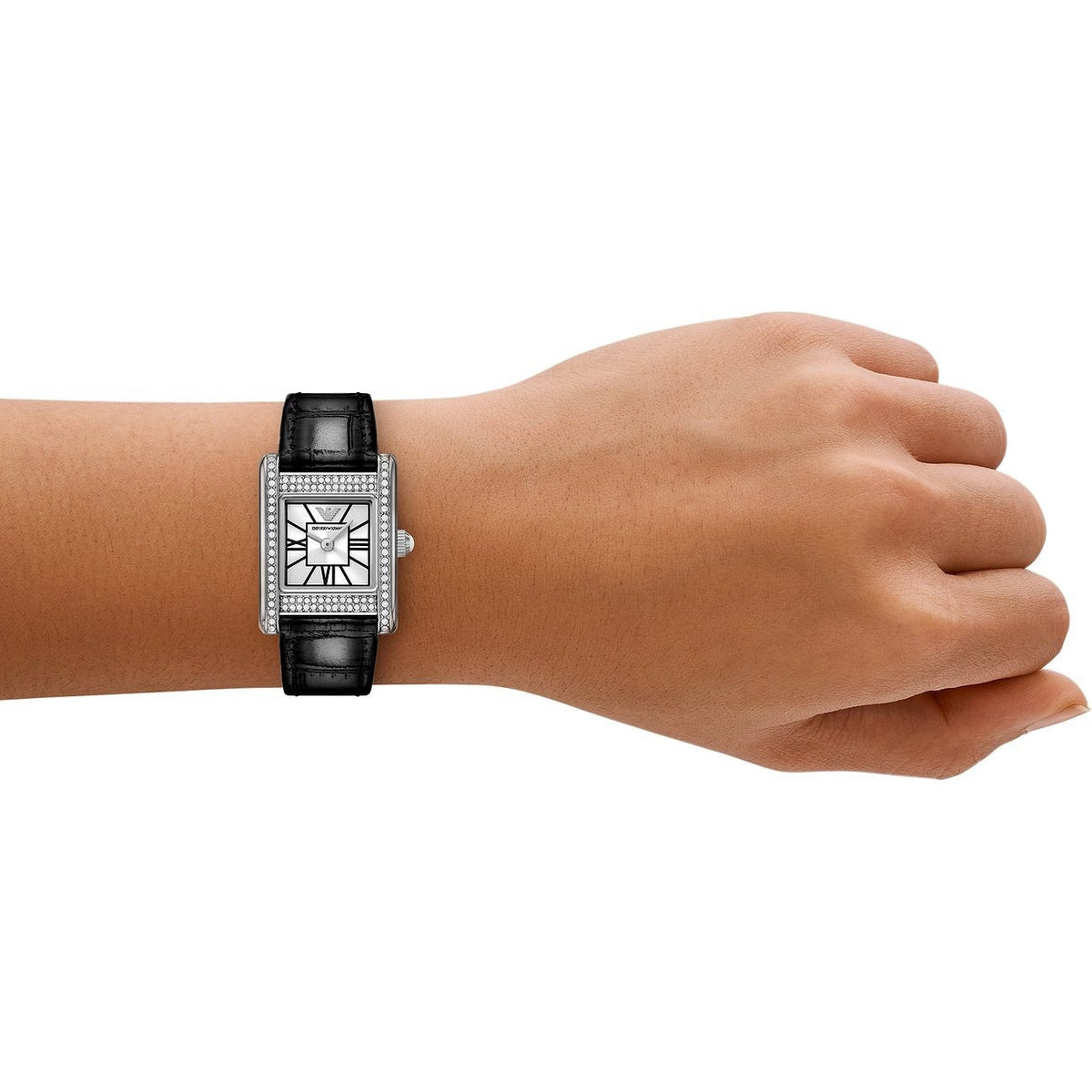  Shop Authentic Emporio Armani Classic Crystals Silver Dial Black Leather Strap Watch for Women - AR11660 - Luxxuri
