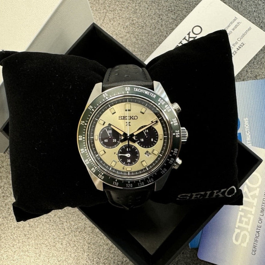  Shop Authentic Seiko Prospex Speedtimer Solar Chronograph Ivory Dial Black Leather Strap Watch for Men - SSC943 - Luxxuri