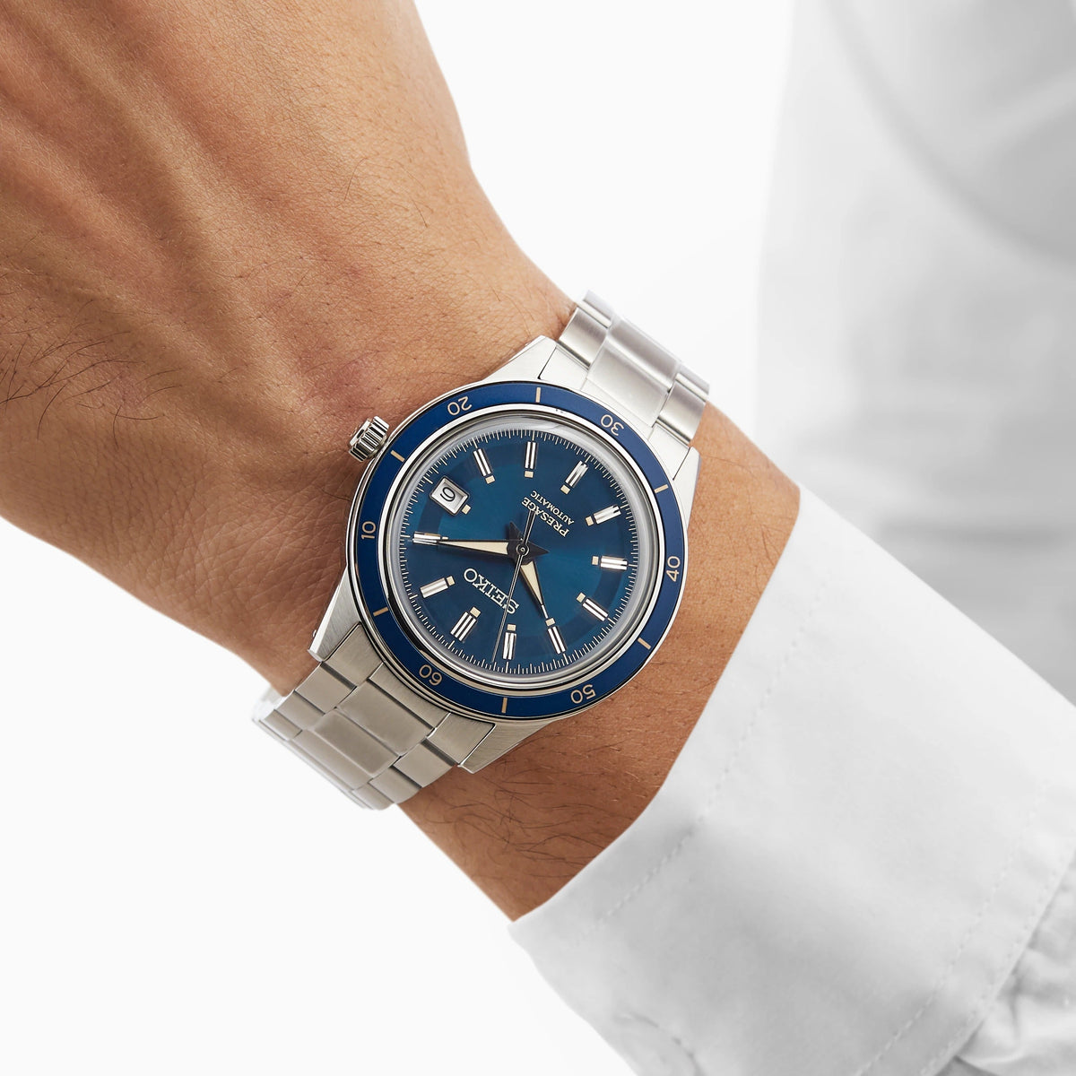 Seiko Presage Style60's Automatic Blue Dial Silver Steel Strap Watch for Men - SRPG05J1
