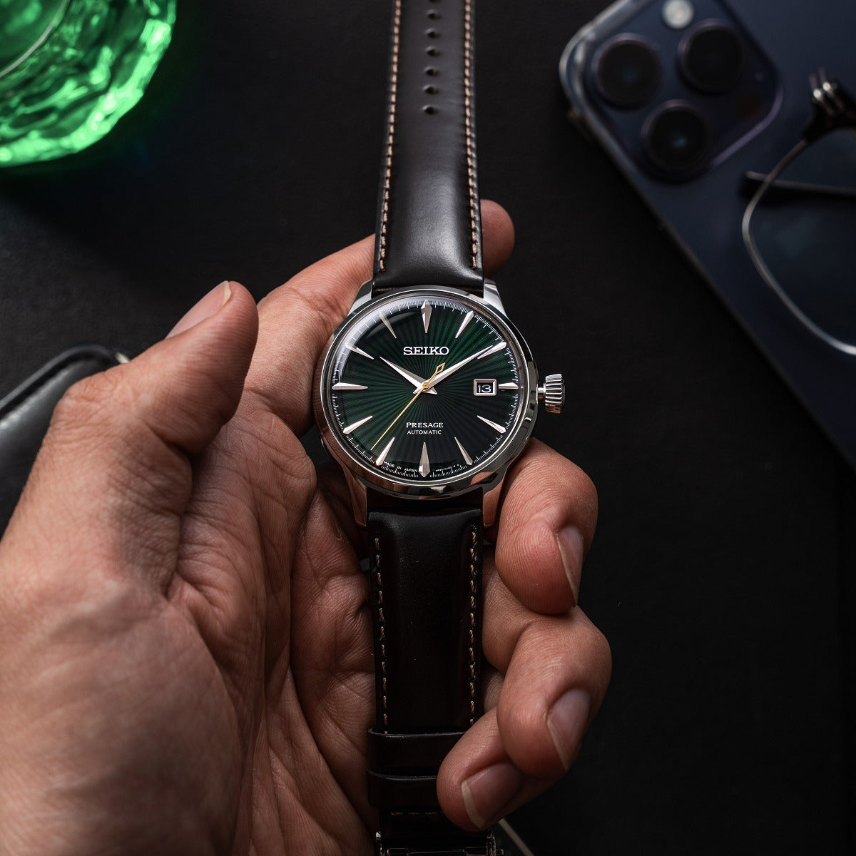 Seiko Presage Cocktail Time Automatic Green Dial Brown Leather Strap Watch for Men - SRPD37J1