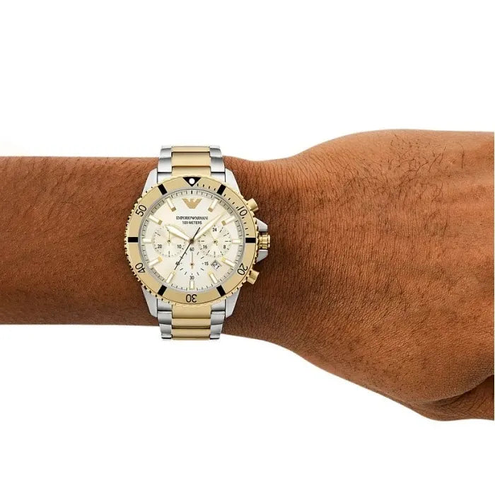 Emporio Armani World Explorer Chronograph Cream Dial Two Tone Steel Strap Watch for Men - AR11606