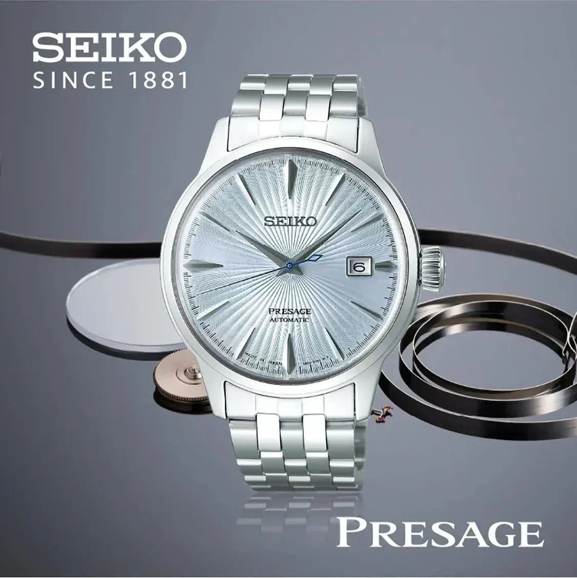 Seiko Presage Cocktail Time Automatic Ice Blue Dial Silver Steel Strap Watch for Men - SRPE19J1