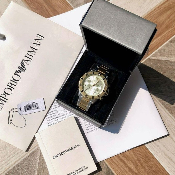 Emporio Armani World Explorer Chronograph Cream Dial Two Tone Steel Strap Watch for Men - AR11606