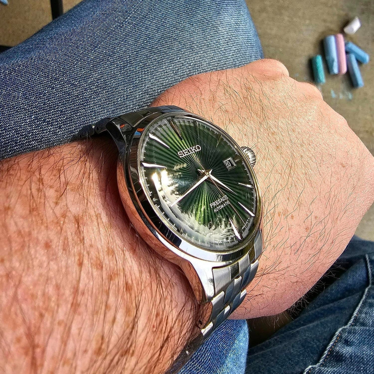 Seiko Presage Cocktail Time Automatic Green Dial Silver Steel Strap Watch for Men - SRPE15J1