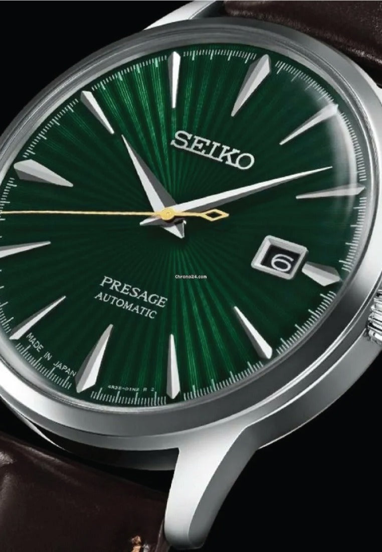 Seiko Presage Cocktail Time Automatic Green Dial Brown Leather Strap Watch for Men - SRPD37J1