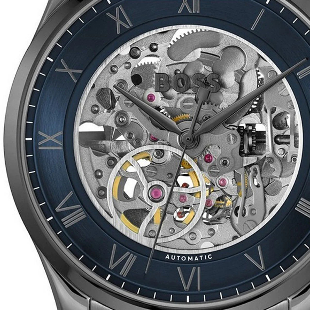 Hugo Boss Principle Skeleton Blue Dial Grey Steel Strap Watch for Men - 1514254