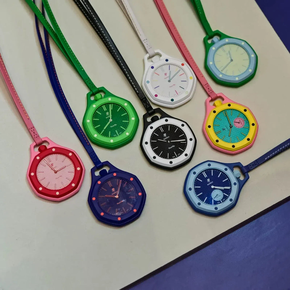 Swatch x AP Royal Pop Blue Dial Pink Leather lanyard Watch for Women - Otg Roz