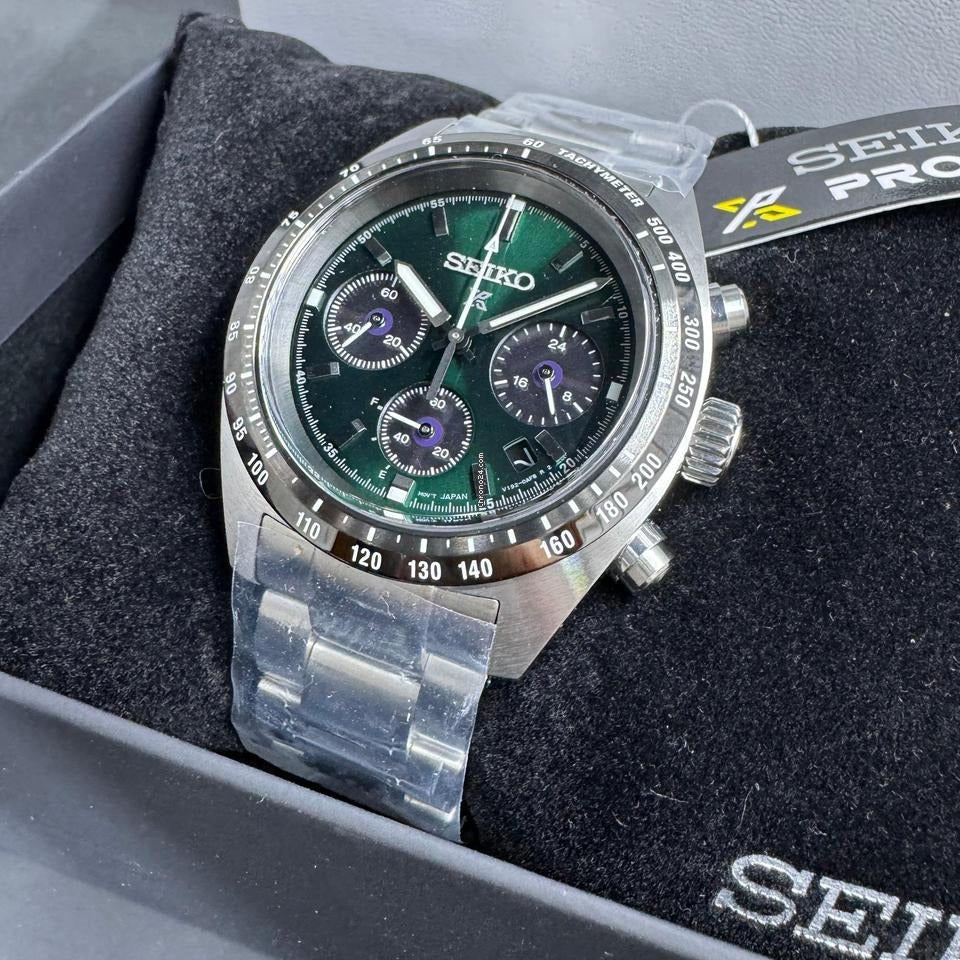 Seiko Prospex Speedtimer Solar Chronograph Green Dial Silver Steel Strap Watch for Men - SSC933