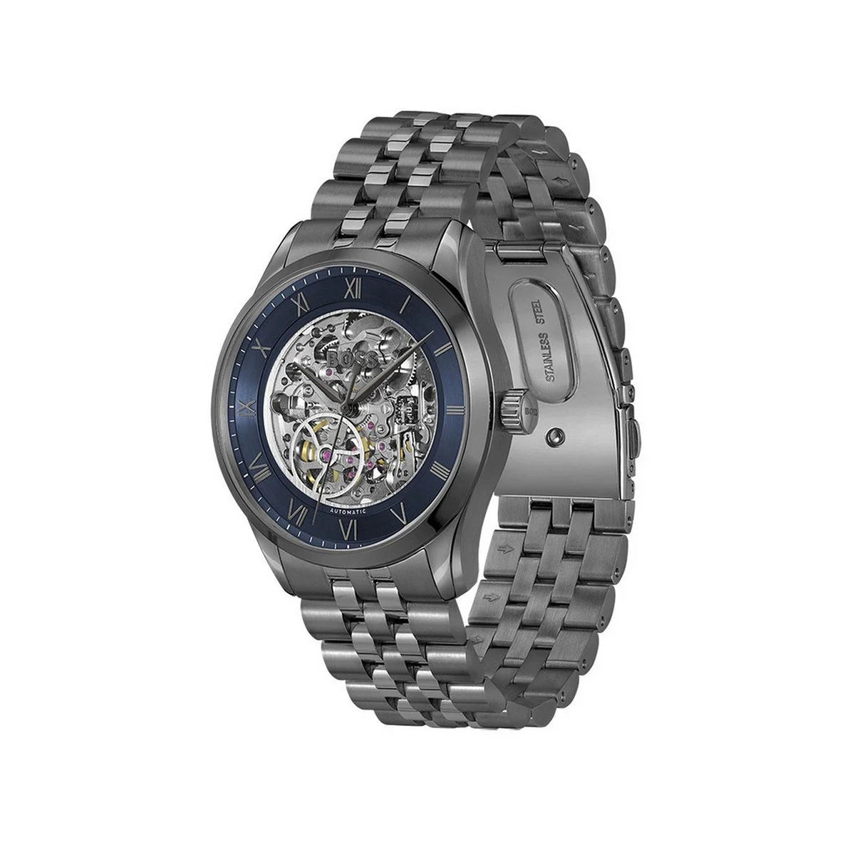 Hugo Boss Principle Skeleton Blue Dial Grey Steel Strap Watch for Men - 1514254