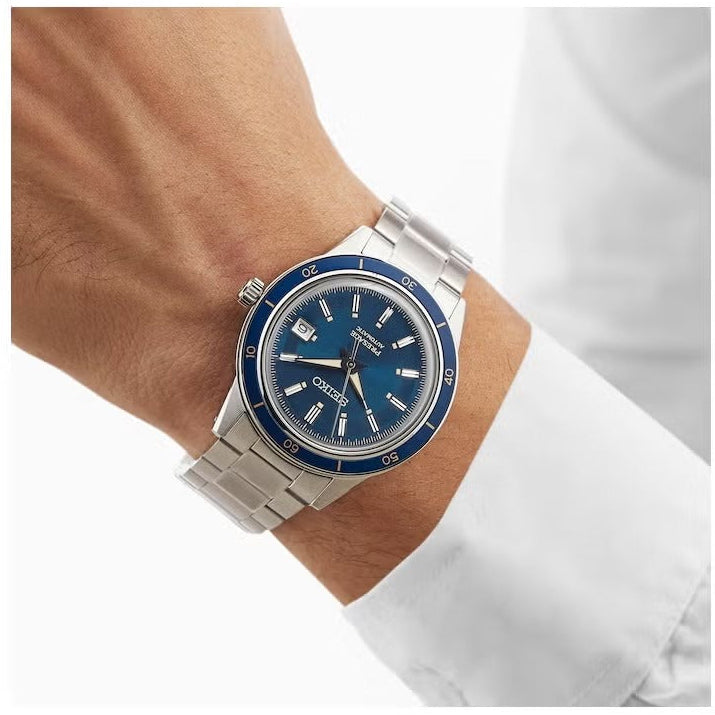 Seiko Presage Style60's Automatic Blue Dial Silver Steel Strap Watch for Men - SRPG05J1