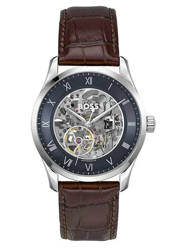 Hugo Boss Principle Skeleton Blue Dial Brown Leather Strap Watch for Men - 1514305