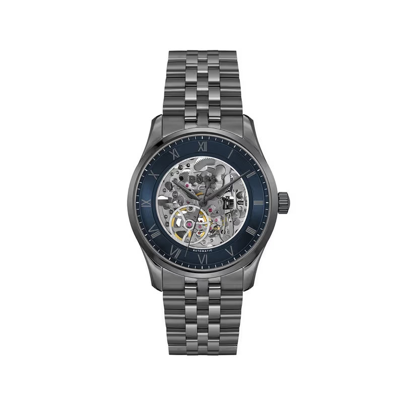 Hugo Boss Principle Skeleton Blue Dial Grey Steel Strap Watch for Men - 1514254