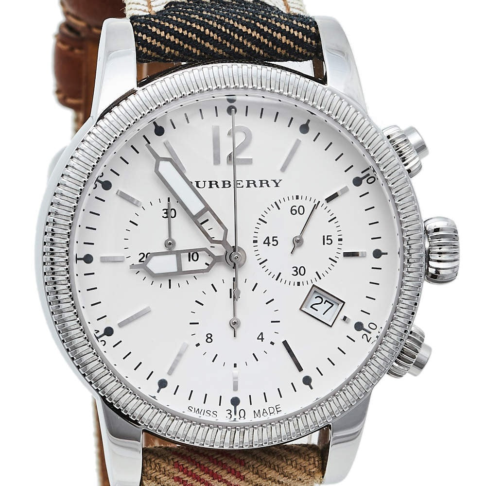 Burberry Utilitarian Chronograph White Dial Tri Tone Leather Strap Watch for Women - BU7820