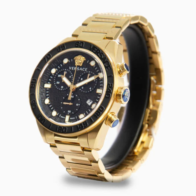  Shop Authentic Versace Greca Dome Chronograph Black Dial Gold Steel Strap Watch for Men - VE6K00523 - Luxxuri