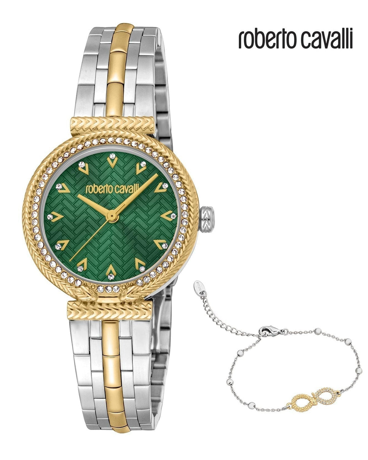 Just Cavalli Chiarezza Snake Core Green Dial Two Tone Steel Strap Watch for Women - RC5L078M0065