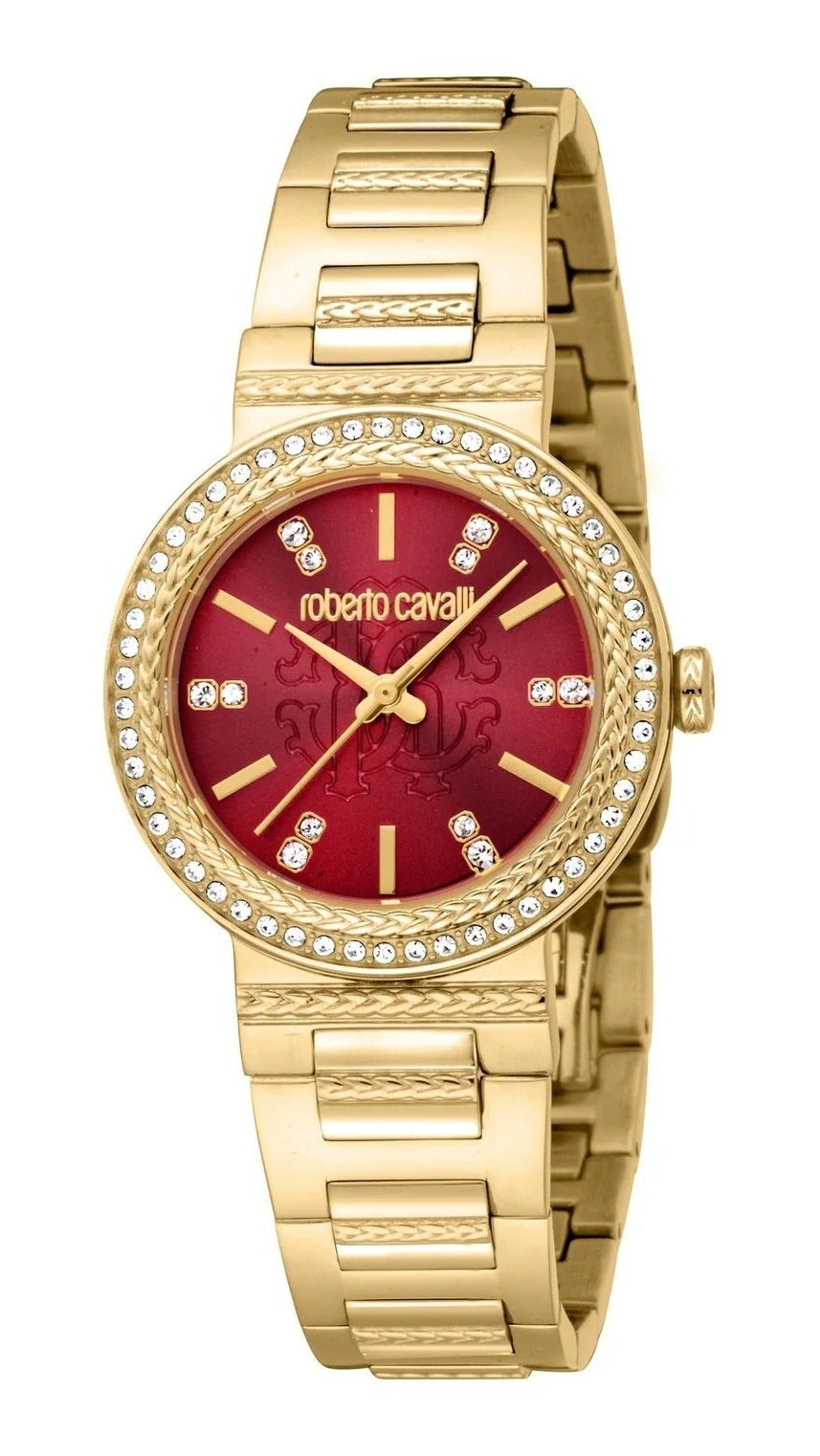 Just Cavalli Donna Glam Red Dial Gold Steel Strap Watch for Women - RC5L098M0035