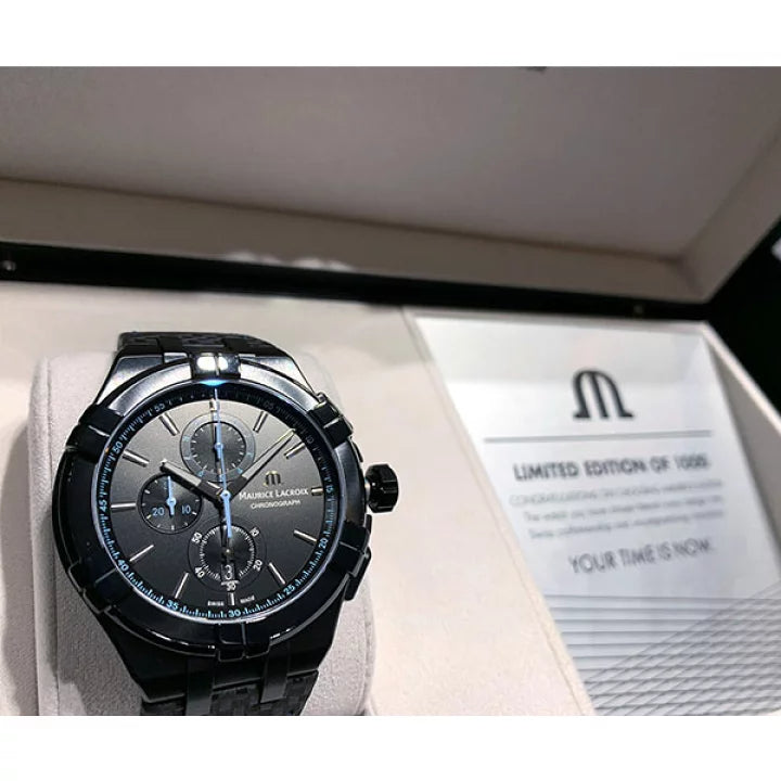  Shop Authentic Maurice Lacroix Aikon Chronograph Limited Edition Black Dial Black Leather Strap Watch for Men - AI1018-PVB01-337-1 - Luxxuri